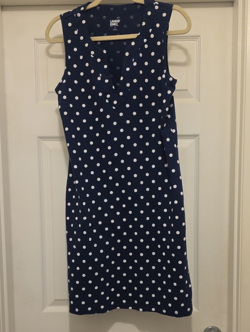Lands' End Navy and White Polka Dot Sleeveless Shift Dress